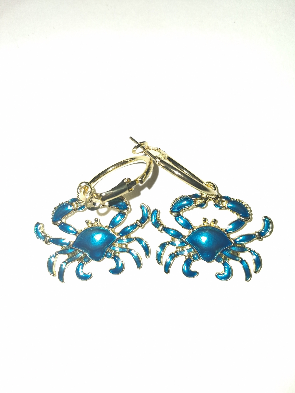 Blue Crab Drop Hoop Earrings - Gold Tone
